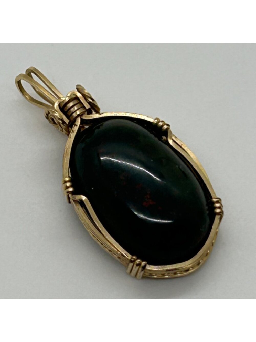 Wire Wrapped Bloodstone Pendant Oval Cabochon Gold Tone Green Red Unbranded